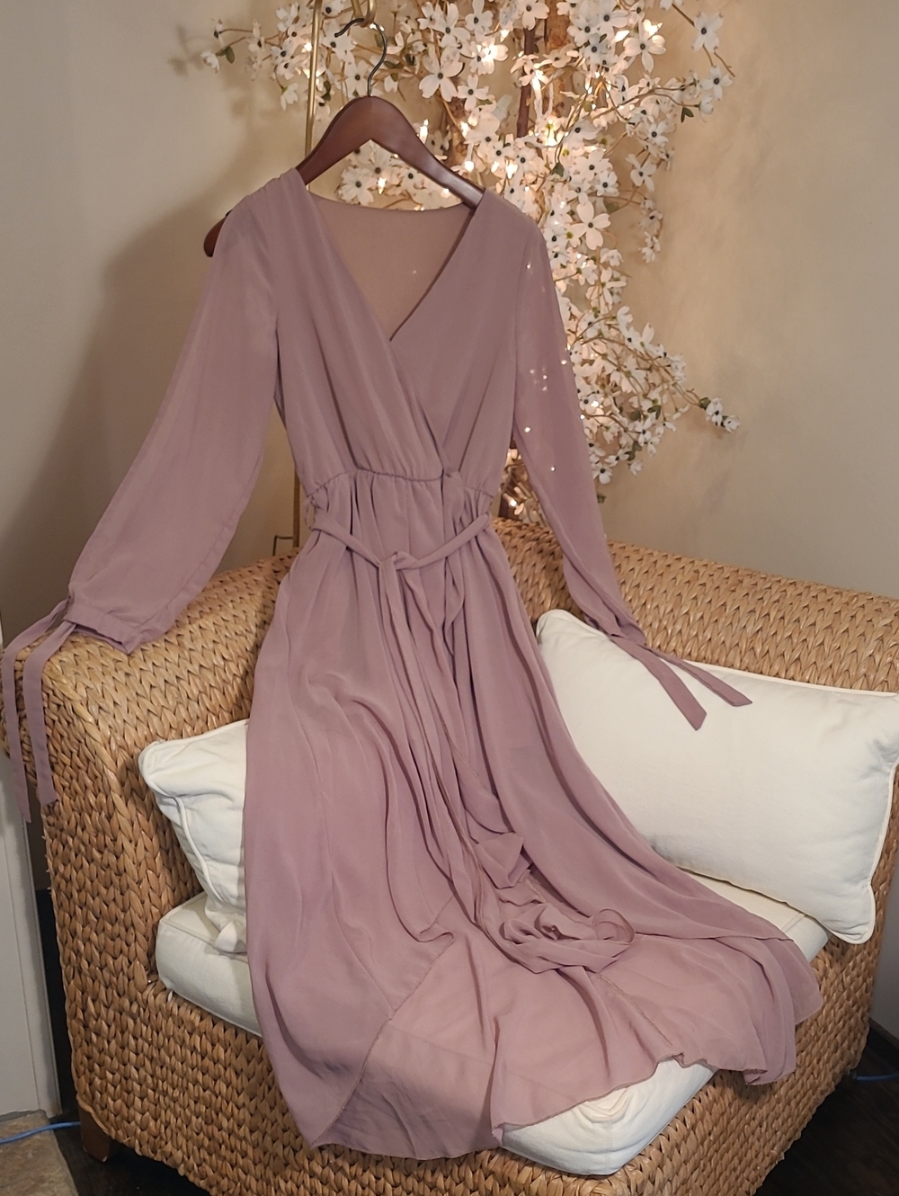 Elegant Mauve Mocha Wrap High Low Cold Sleeve Dress